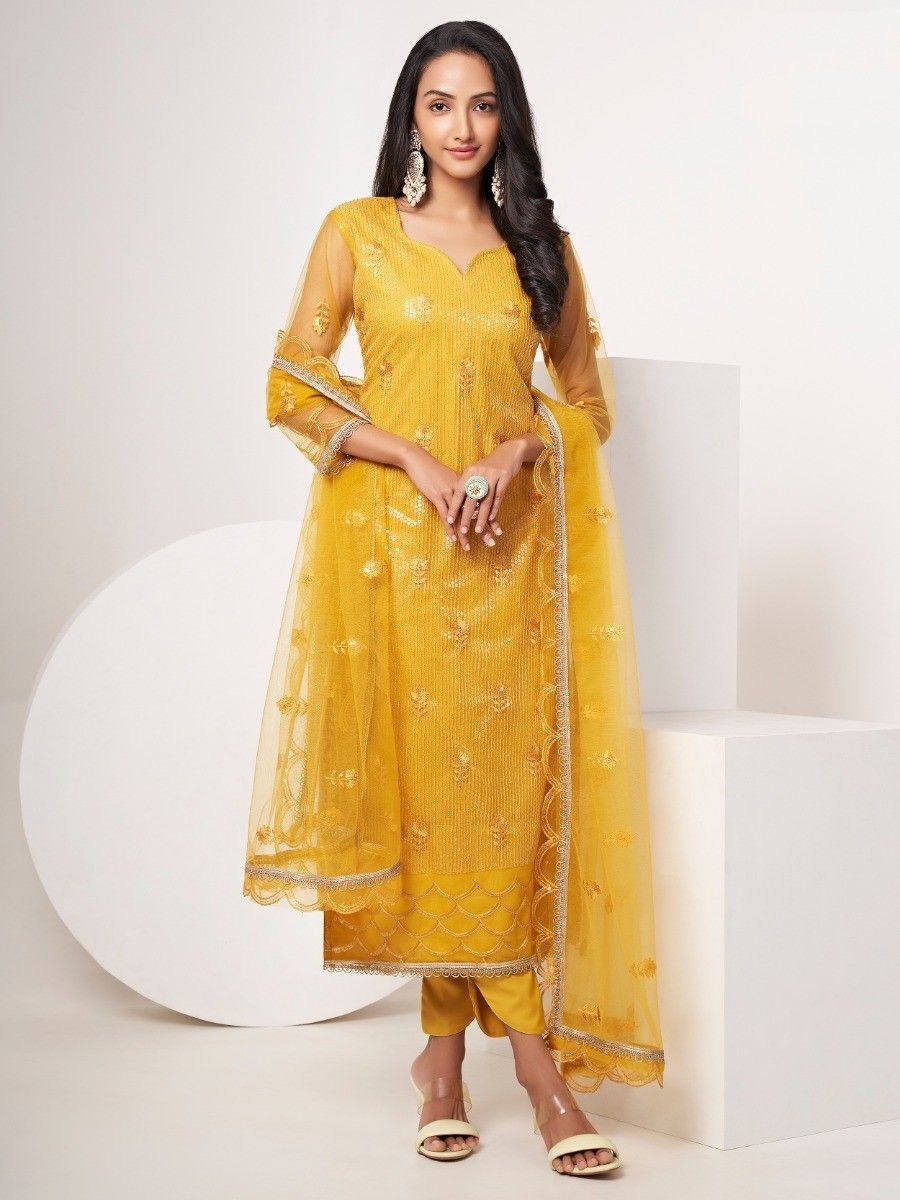 Awesome Yellow Sequin Net Traditional Wear Salwar Suit With Dupatta