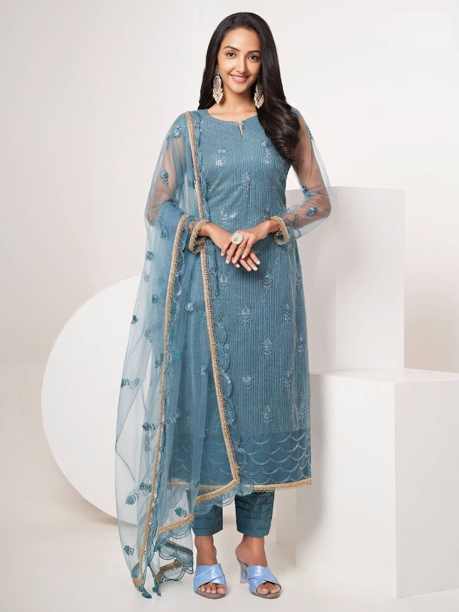 Plushy Dusty Blue Sequin Net Festive Wear Salwar Suit With Dupatta