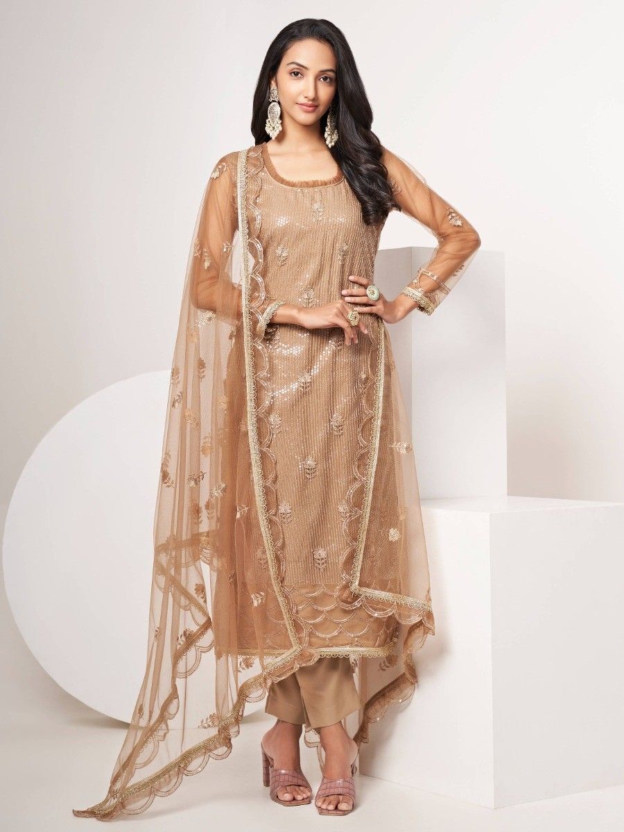 Beautiful Brown Sequins Work Net Designer Salwar Suit With Dupatta