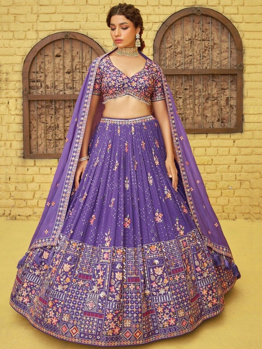 Ravishing Purple Sequins Georgette Wedding Wear Lehenga Choli