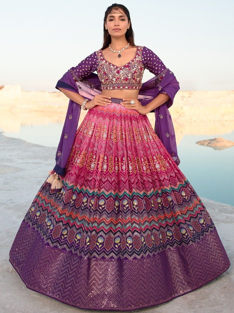 Majestic Pink & Purple Sequins Georgette Lehenga Choli With Dupatta
