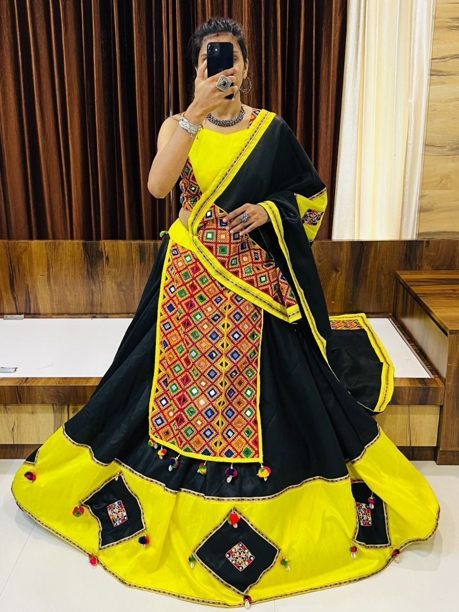 Attractive Black & Yellow Gamthi Work Cotton Navratri Lehenga Choli 