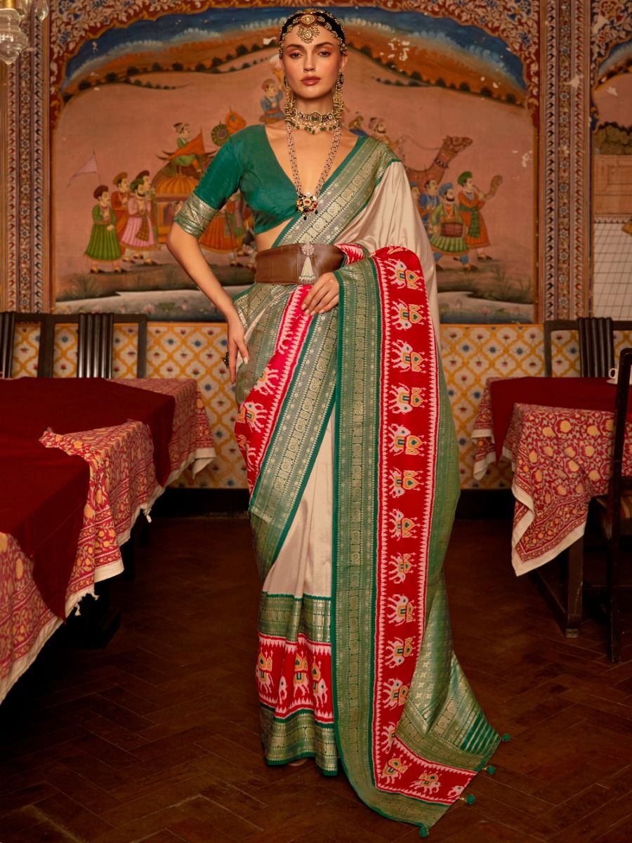 Gorgeous Cream Beige Woven Silk Wedding Wear Saree With Blouse