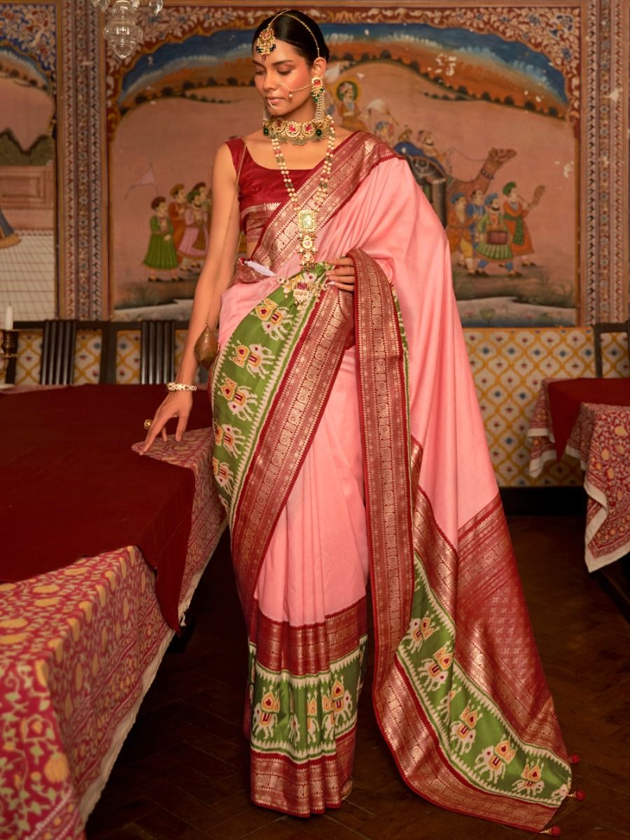 Lovely Light Pink Patola Silk Wedding Wear Saree With Blouse