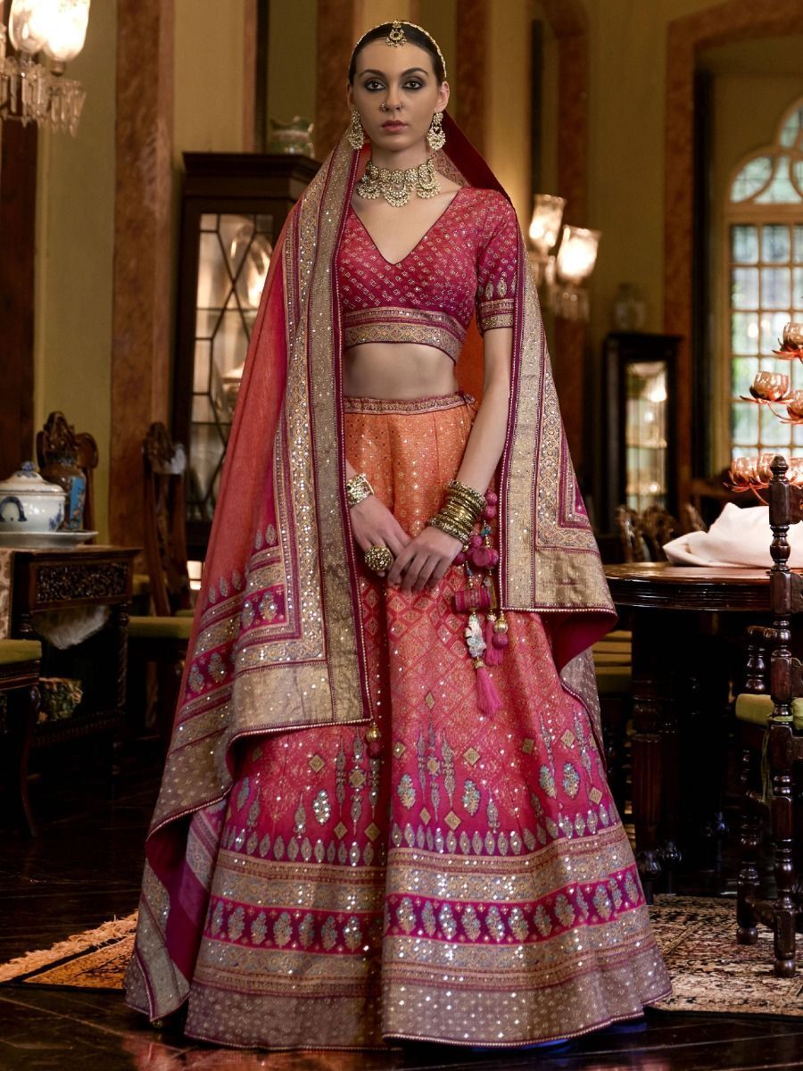 Fabulous Pink & Orange Mirror Work Rajwadi Silk Lehenga Choli