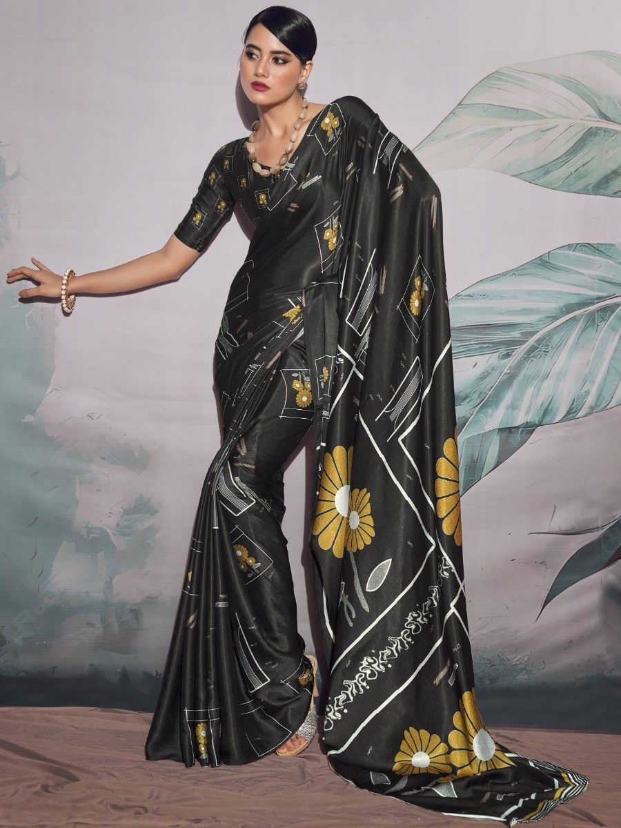 Fascinating Black Floral Printed Satin Party Wear Saree With Blouse