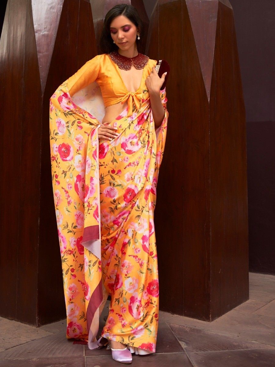 Charming Yellow Floral Printed Satin Festive Wear Saree With Blouse