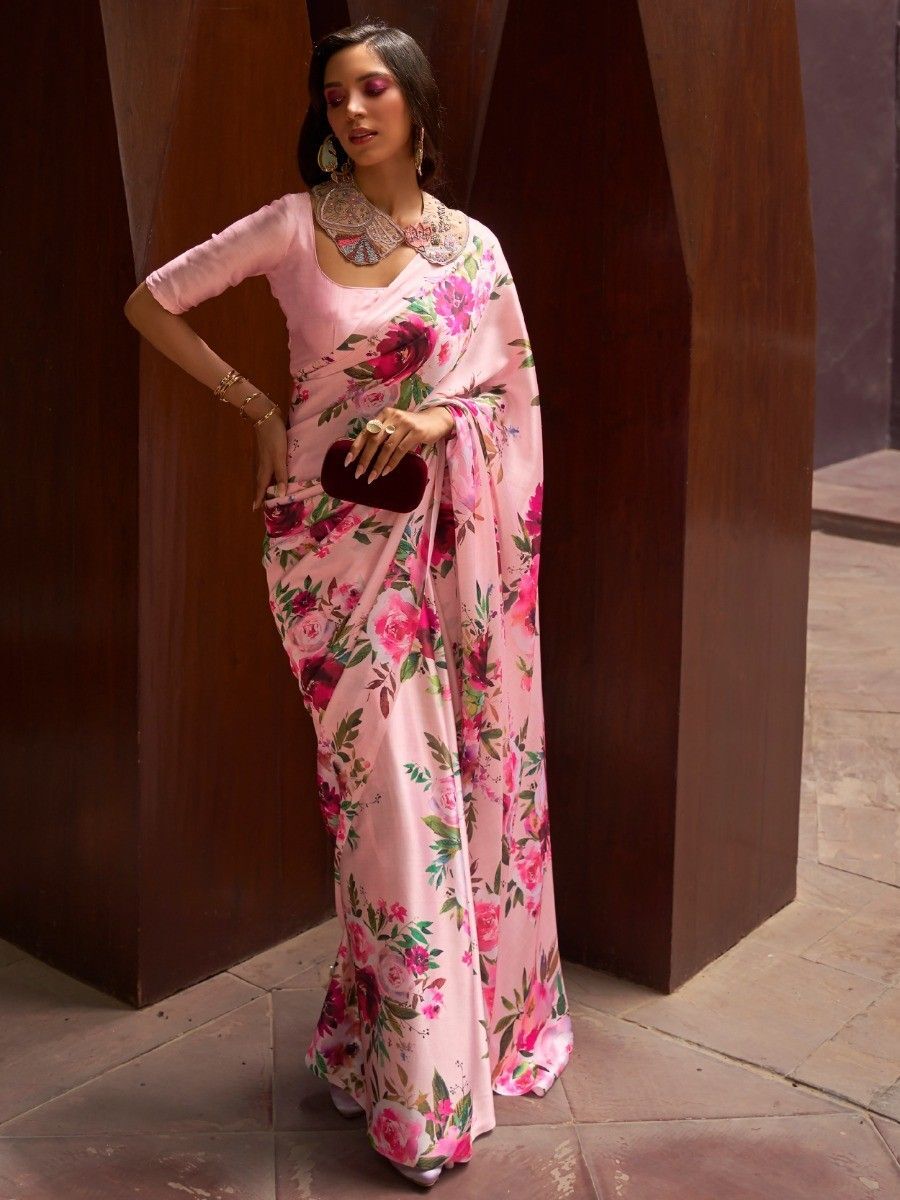 Adorable Pink Floral Printed Satin Events Wear Saree With Blouse