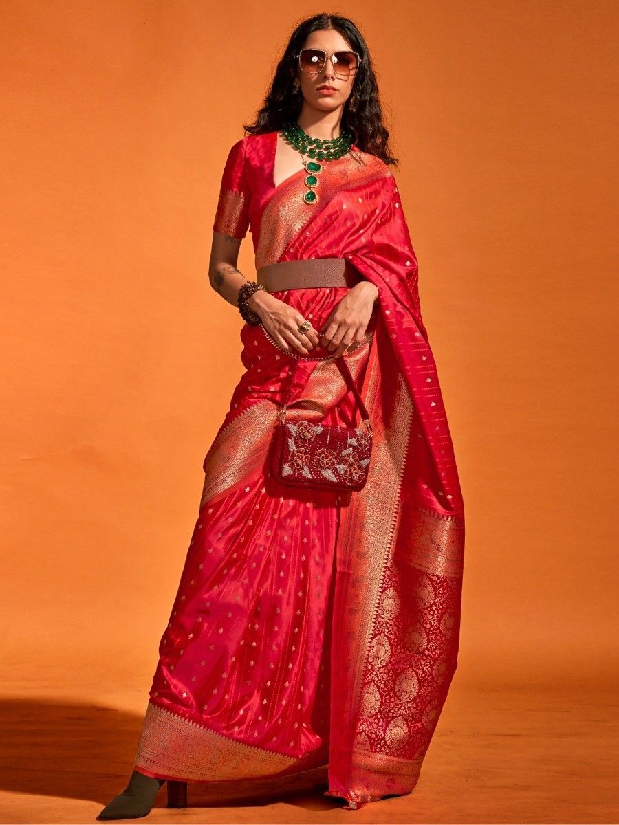 Lovely Red Zari Weaving Satin Wedding Wear Saree With Blouse