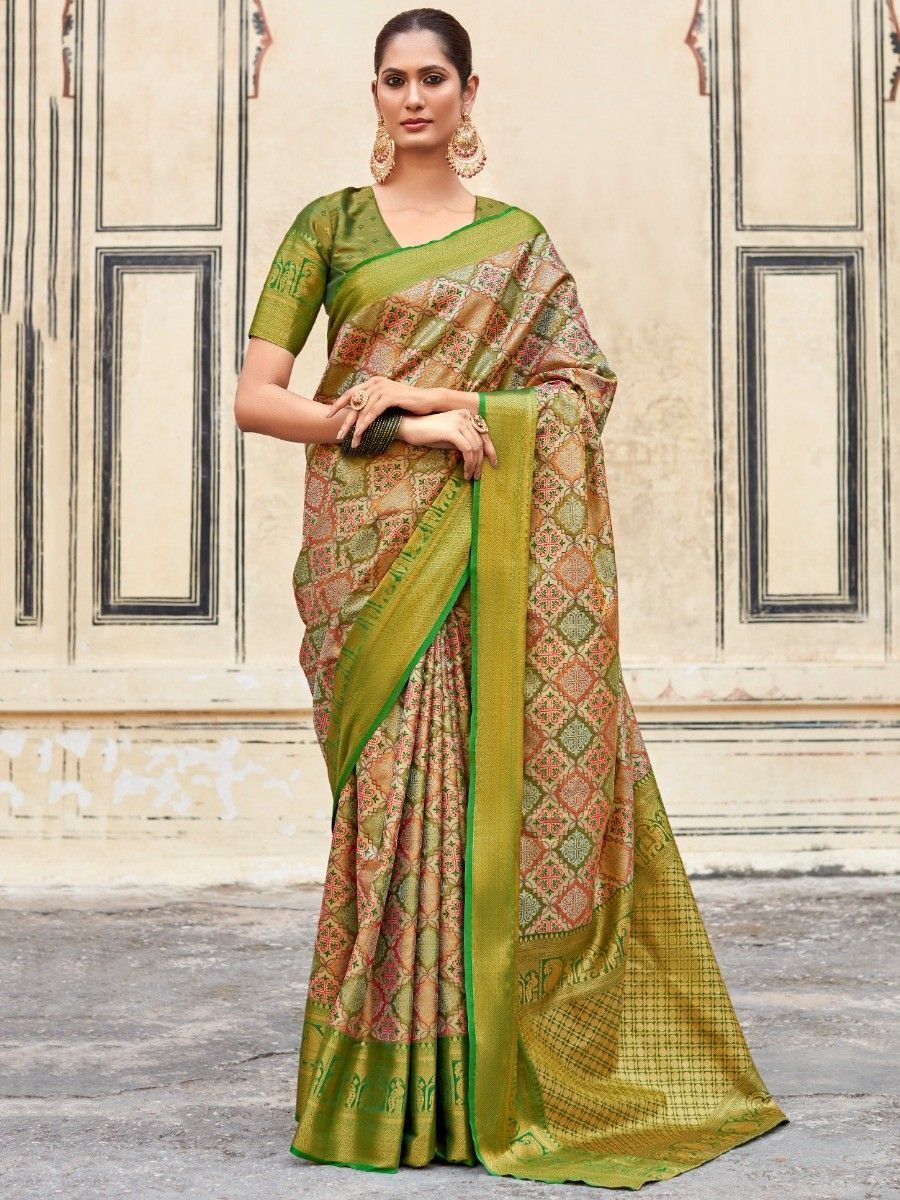 Engaging Green Zari Weaving Silk Mehendi Wear Saree With Blouse