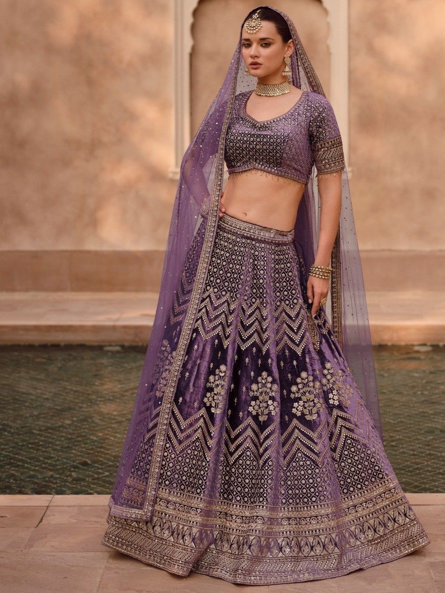Wonderful Purple Sequins Velvet Bridal Lehenga Choli With Dupatta