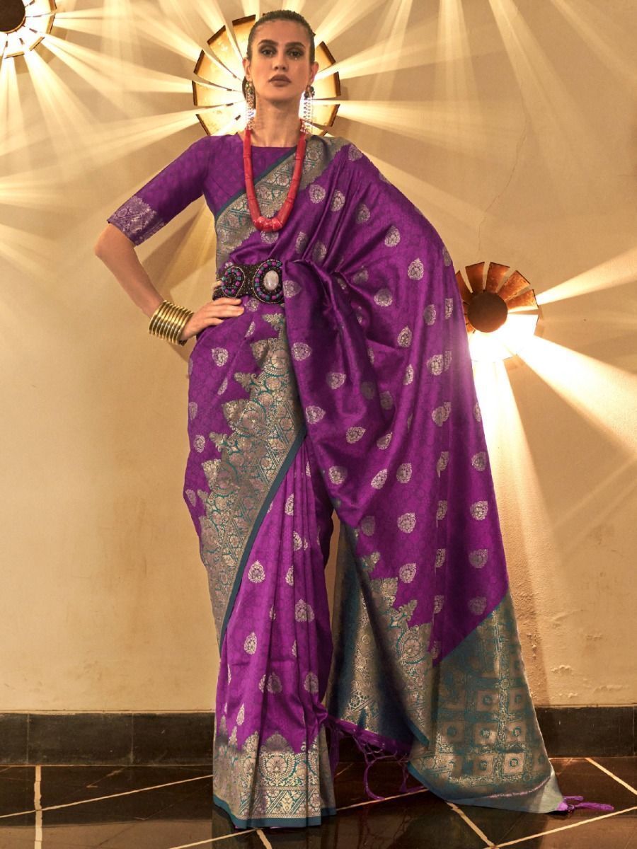 Fascinating Purple Woven Silk Wedding Wear Saree With Blouse