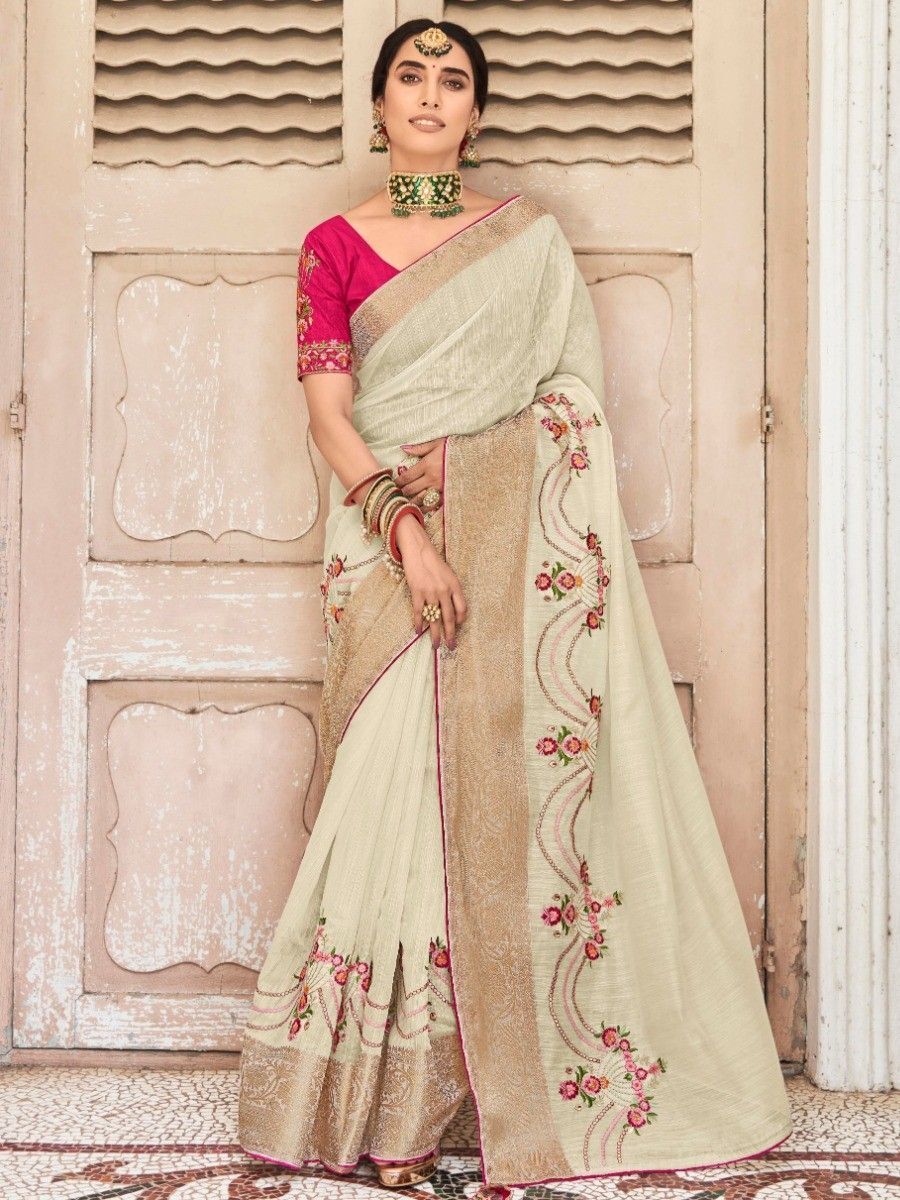 Fascinating Beige Embroidered Cotton Festival Wear Saree With Blouse 