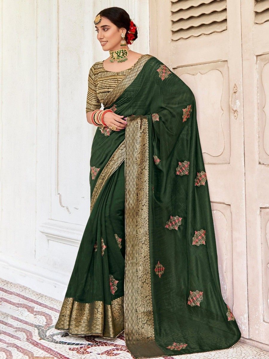 Bewitching Green Embroidered Cotton Reception Wear Saree With Blouse 