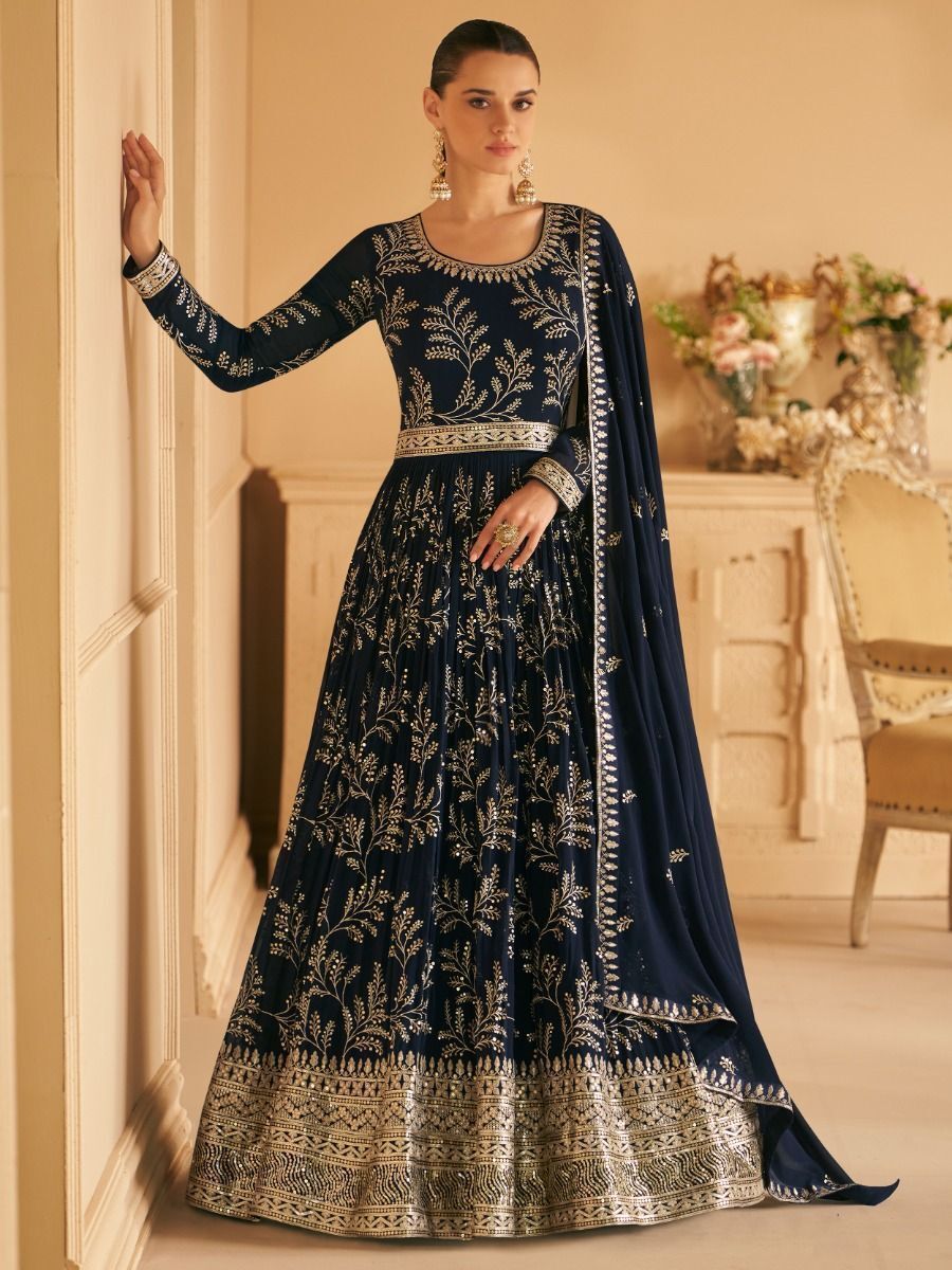 Buy Blue Tulle Embroidered Sequin V Neck Gown For Women by Nitika Gujral  Online at Aza Fashions.