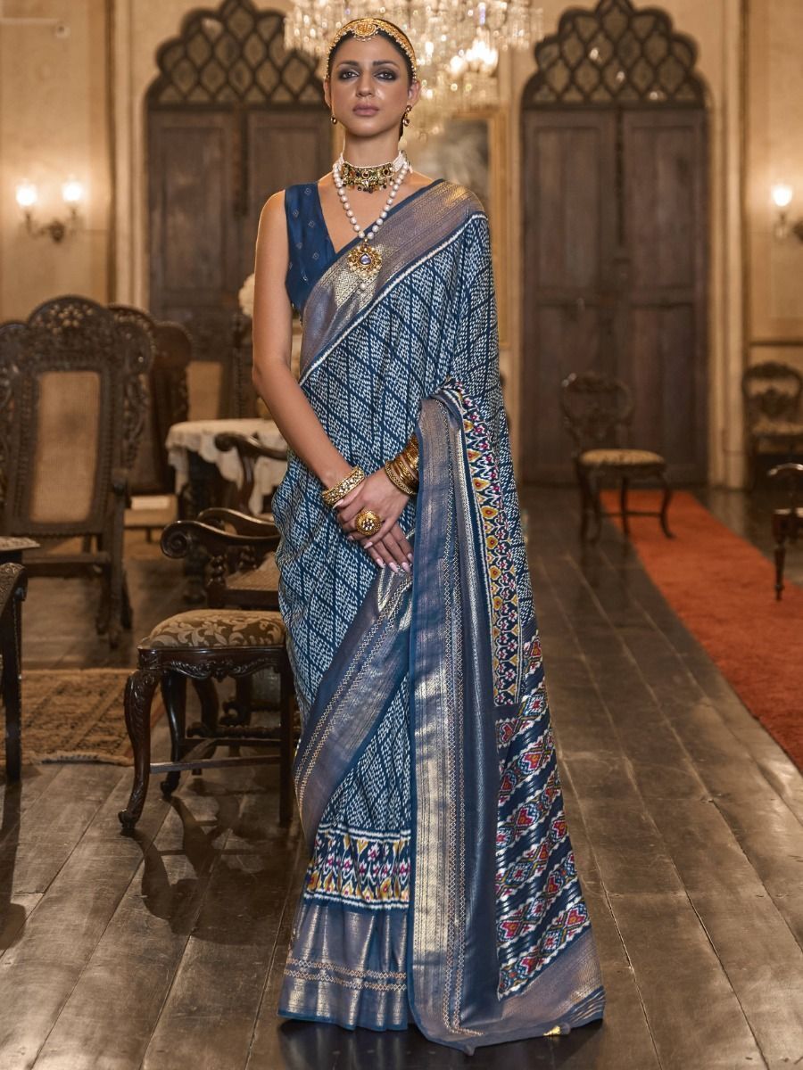 Attractive Blue Printed Patola Silk Festival Wear Saree With Blouse