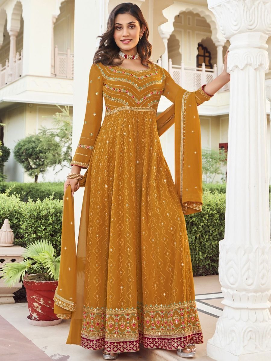 Stunning Yellow Embroidered Georgette Gown

