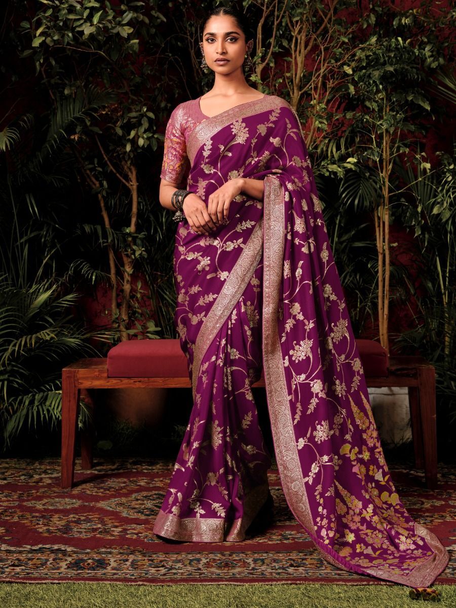 Pretty Magenta Zari Weaving Silk Wedding Wear Saree With Blouse