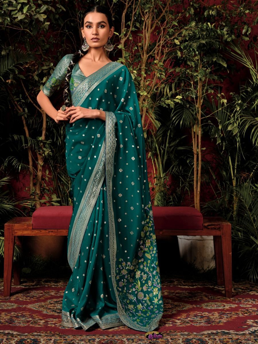 Charming Green Zari Weaving Silk Mehendi Wear Saree With Blouse