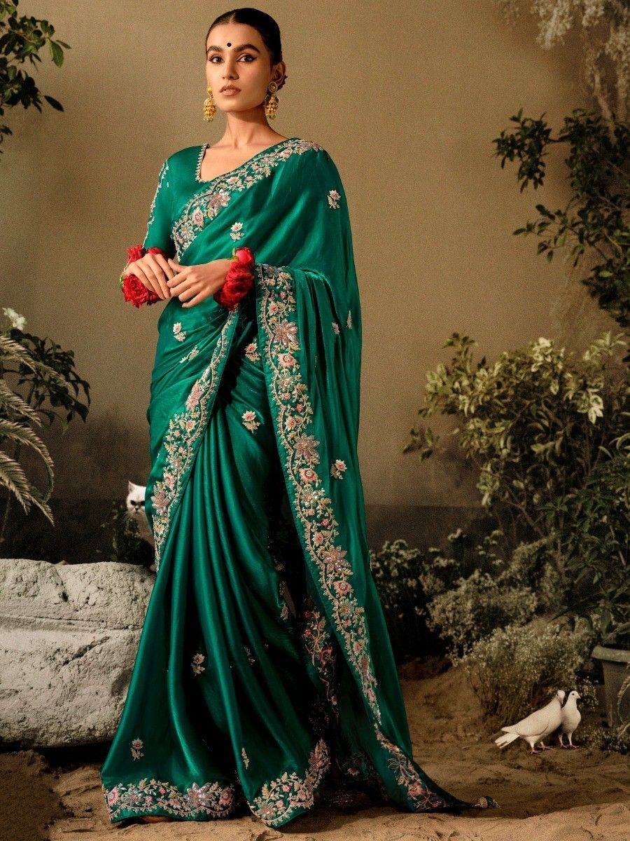 Attractive Green Embroidered Silk Traditional Saree With Blouse