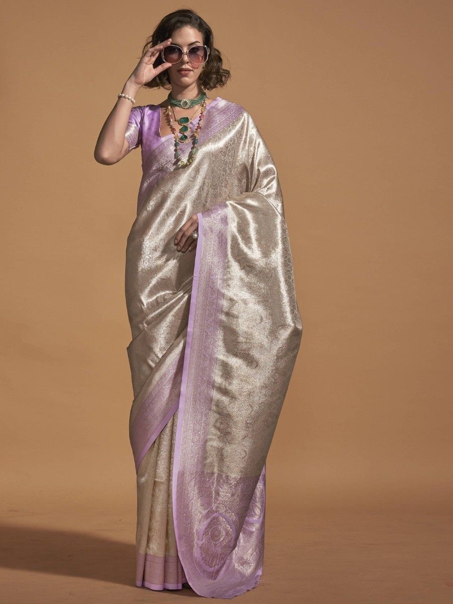 Unexpected Silver & Lilac Zari Weaving Silk Saree With Blouse