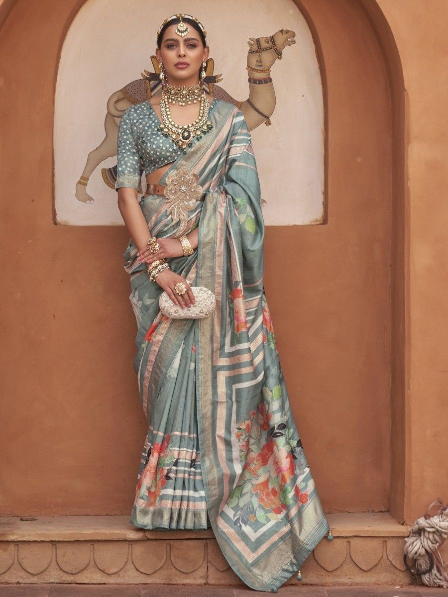 Precious Sage Green Floral Printed Silk Designer Saree With Blouse