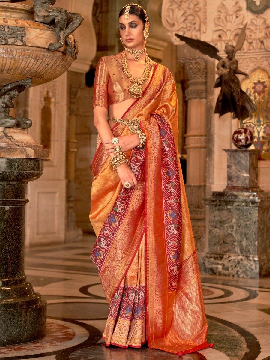 Beautiful Orange Zari Weaving Silk Reception Wear Saree
