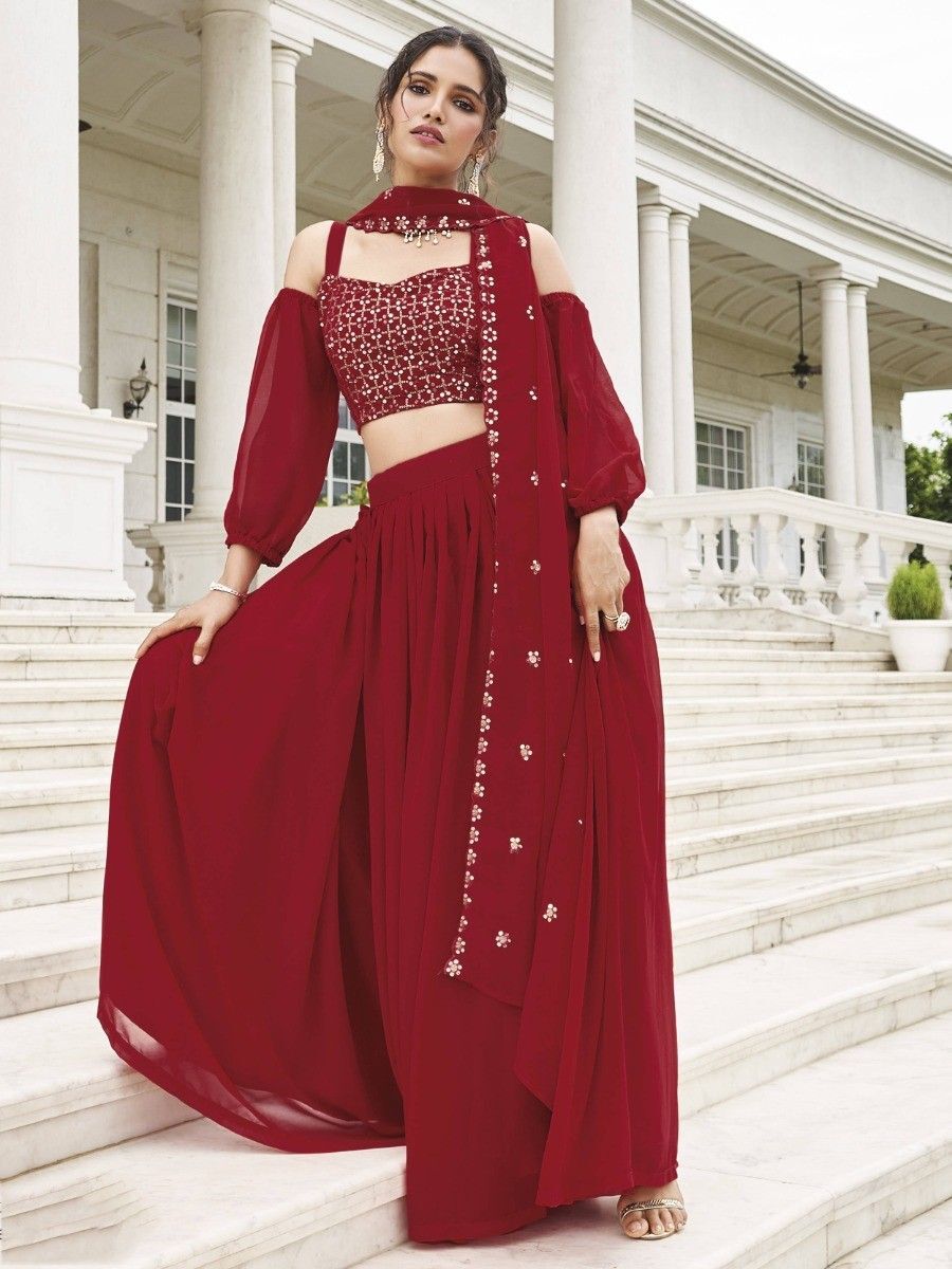 Bewitching Red Embroidery Work Georgette Function Wear Lehenga Choli