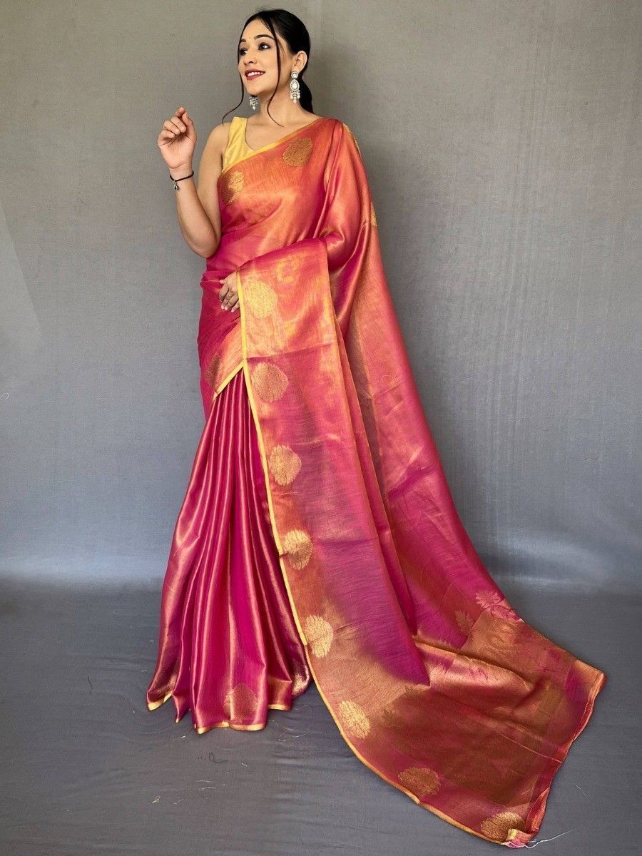 Glamorous Rose Pink Zari Woven Silk Classic Saree With Blouse