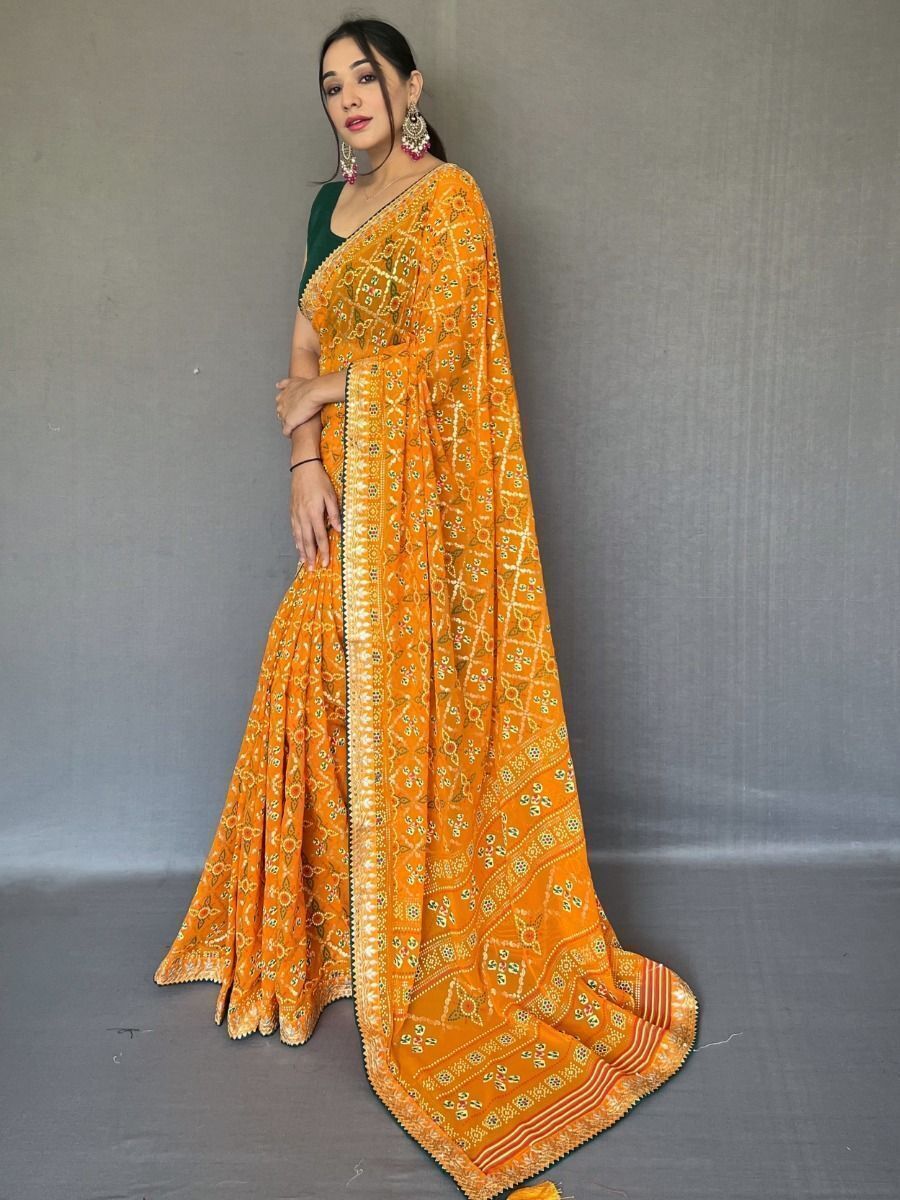 Attractive Yellow Printed Georgette Event Wear Saree With Blouse