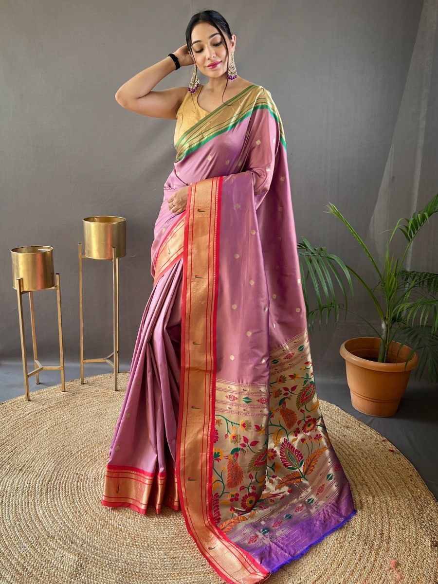 Magnificent Dusty Pink Zari Weaving Silk Saree With Blouse