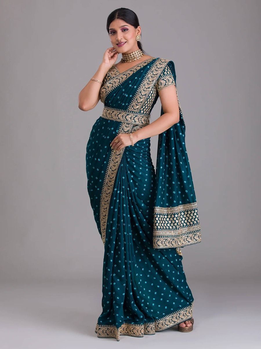Astonishing Teal Blue Bandhani Printed Silk Wedding Wear Saree 