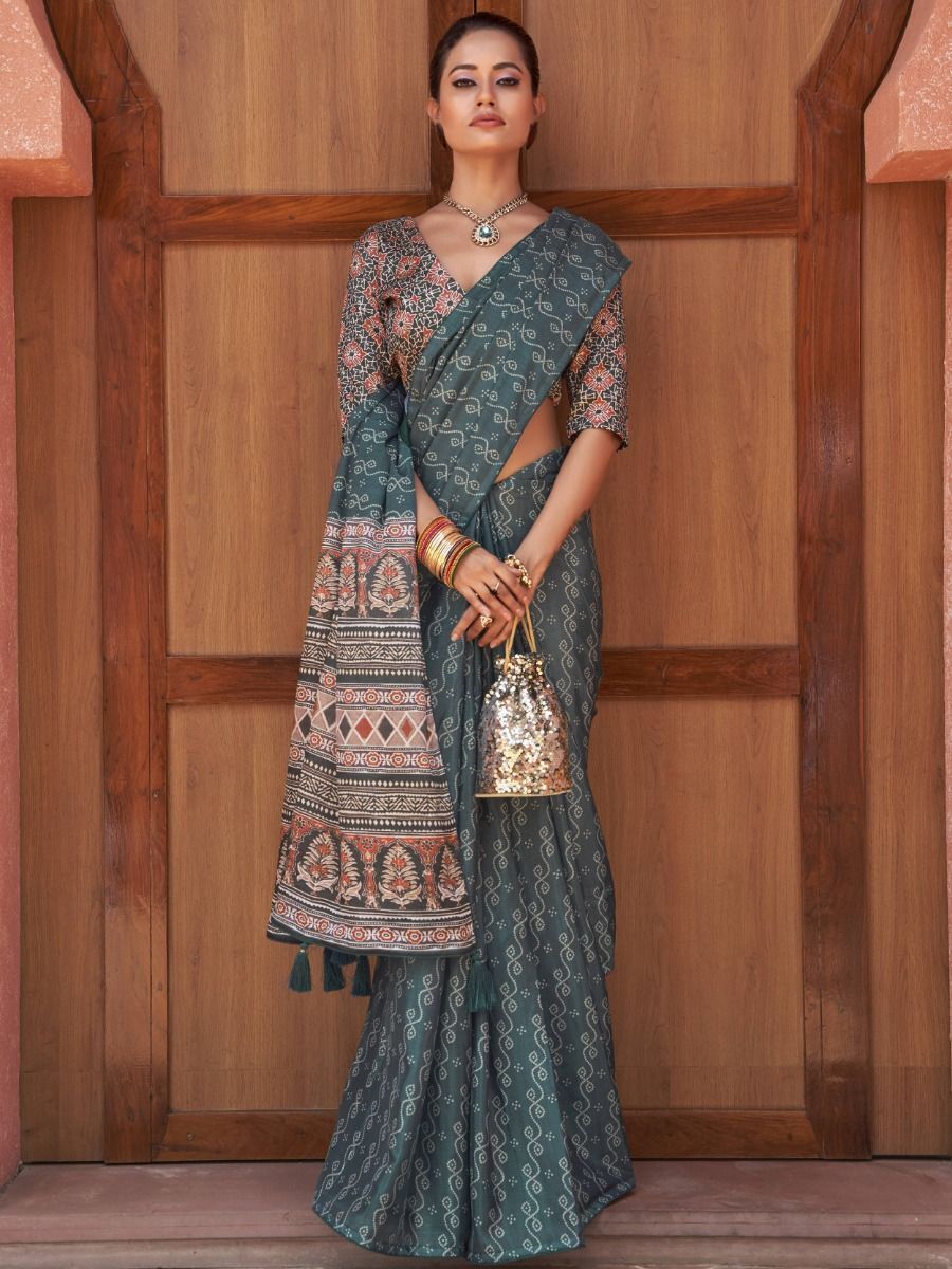 Captivating Teal Blue Digital Printed Crepe Saree With Blouse 