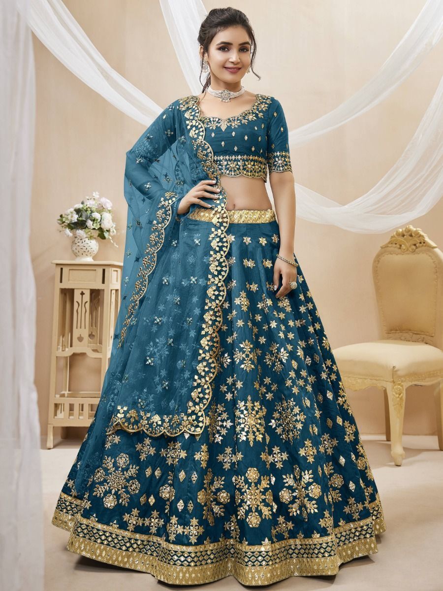 Beautiful Blue Mirror Work Art Silk Wedding Wear Lehenga Choli 