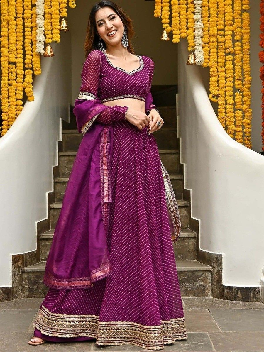 Attractive Purple Leheriya Georgette Printed Festive Wear Lehenga Choli