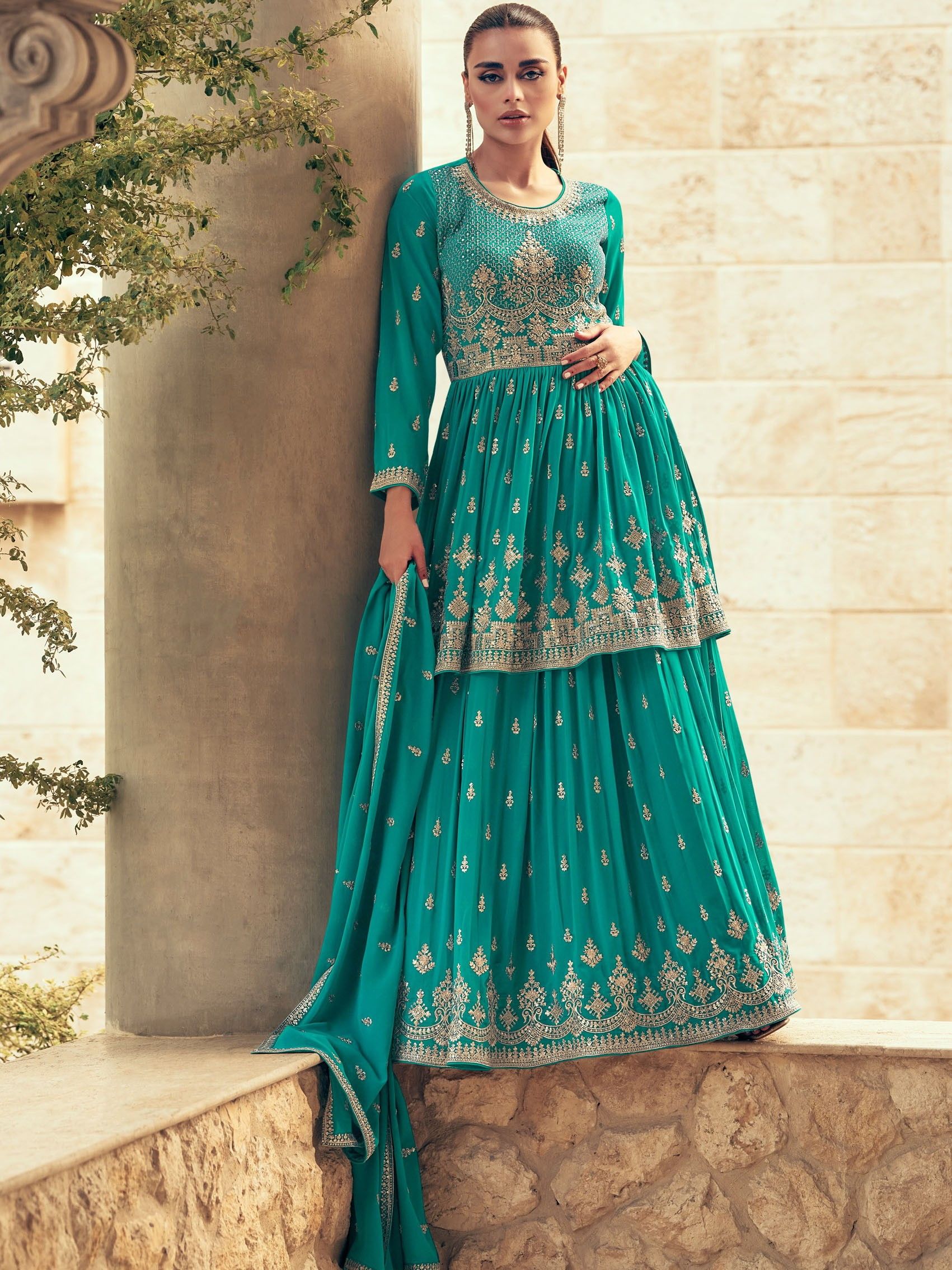 Alluring Sea Green Embroidered Georgette Gharara Suit With Dupatta