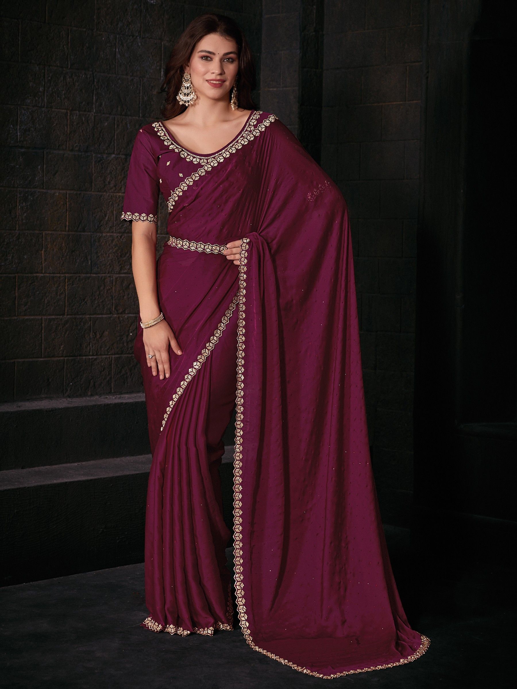 Exquisite Maroon Stone Work Satin Traditional Saree With Blouse
