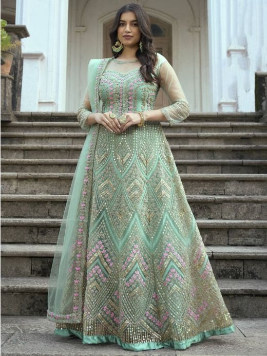 Hypnotic Green Colored Partywear Embroidered Faux Georgette Abaya Style  anarkali Suit