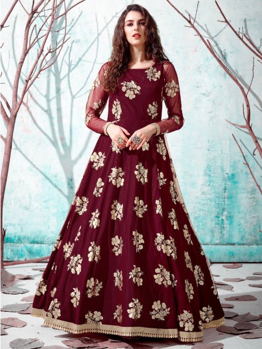 Maroon wedding reception gown in net - G3-WGO1836 | G3fashion.com | Gowns,  Party wear dresses, Stylish dresses for girls