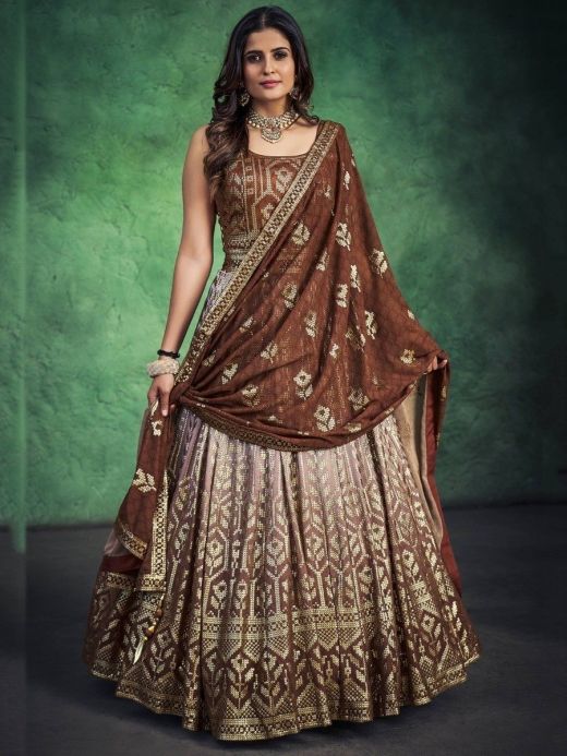 Georgette Embroidered Brown Gown Dress with Dupatta - GW0499