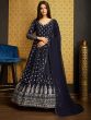 Awesome Navy Blue Foil Work Georgette Gown With Dupatta