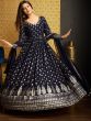 Awesome Navy Blue Foil Work Georgette Gown With Dupatta