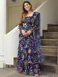 Fancified Navy Blue Floral Printed Georgette Ready To Wear Ruffle Saree
