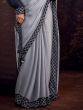 Amazing Grey Heavy Lace Work Silk Reception Wear Saree With Blouse 