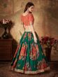 Refreshing Dark Green Floral Print Organza Silk Wedding Lehenga Choli With Orange Blouse