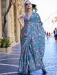 Wonderful Teal Blue Floral Printed Satin Saree With Blouse