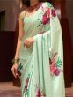 Beautiful Pista Green Floral Printed Satin Saree With Blouse