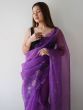 Fabulous Purple Floral Printed Organza Events Wear Saree With Blouse