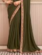 Excellent Olive Green Embroidered Border Vichitra Silk Saree With Blouse