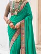 Lovely Teal Green Embroidered Border Vichitra Silk Saree With Blouse